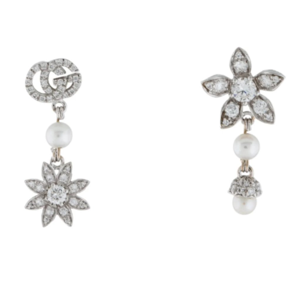 GUCCI Flower & Double G 18K White Gold Earrings
